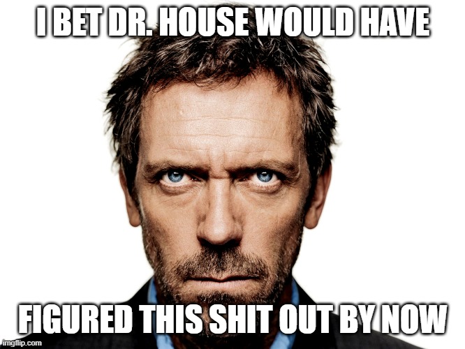 Dr. House will figure it out! | I BET DR. HOUSE WOULD HAVE; FIGURED THIS SHIT OUT BY NOW | image tagged in dr house | made w/ Imgflip meme maker