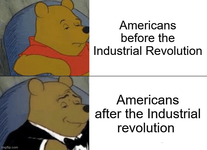 Tuxedo Winnie The Pooh | Americans before the Industrial Revolution; Americans after the Industrial revolution | image tagged in memes,tuxedo winnie the pooh | made w/ Imgflip meme maker