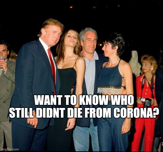 Trump and Jeffery Epstein | WANT TO KNOW WHO STILL DIDNT DIE FROM CORONA? | image tagged in trump and jeffery epstein | made w/ Imgflip meme maker