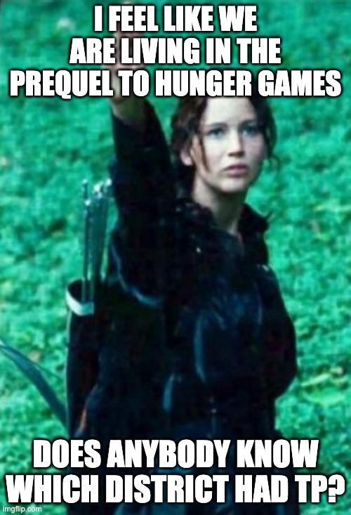 Hunger games | I FEEL LIKE WE ARE LIVING IN THE PREQUEL TO HUNGER GAMES; DOES ANYBODY KNOW WHICH DISTRICT HAD TP? | image tagged in hunger games | made w/ Imgflip meme maker