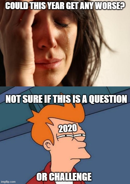 COULD THIS YEAR GET ANY WORSE? NOT SURE IF THIS IS A QUESTION; 2020; OR CHALLENGE | image tagged in memes,futurama fry,first world problems,coronavirus,funny | made w/ Imgflip meme maker