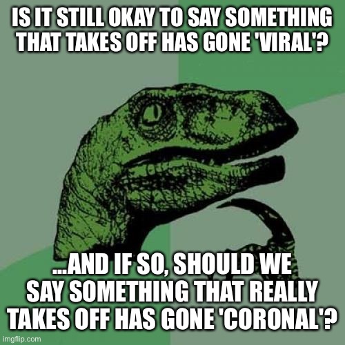 Philosoraptor Meme | IS IT STILL OKAY TO SAY SOMETHING THAT TAKES OFF HAS GONE 'VIRAL'? ...AND IF SO, SHOULD WE SAY SOMETHING THAT REALLY TAKES OFF HAS GONE 'CORONAL'? | image tagged in memes,philosoraptor | made w/ Imgflip meme maker