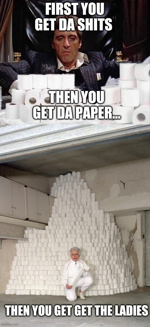 FIRST YOU GET DA SHITS; THEN YOU GET DA PAPER... THEN YOU GET GET THE LADIES | image tagged in mountain of toilet paper,scarface stash | made w/ Imgflip meme maker