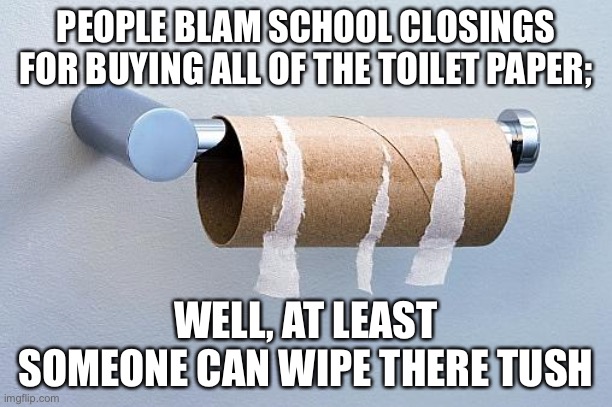 No More Toilet Paper | PEOPLE BLAM SCHOOL CLOSINGS FOR BUYING ALL OF THE TOILET PAPER;; WELL, AT LEAST SOMEONE CAN WIPE THERE TUSH | image tagged in no more toilet paper | made w/ Imgflip meme maker