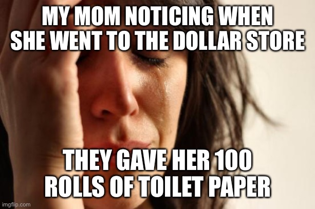 First World Problems | MY MOM NOTICING WHEN SHE WENT TO THE DOLLAR STORE; THEY GAVE HER 100 ROLLS OF TOILET PAPER | image tagged in memes,first world problems | made w/ Imgflip meme maker