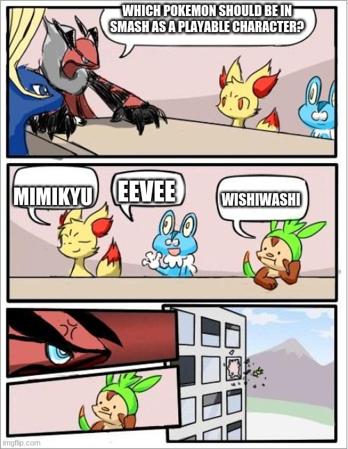 Pokemon board meeting | WHICH POKEMON SHOULD BE IN SMASH AS A PLAYABLE CHARACTER? MIMIKYU; EEVEE; WISHIWASHI | image tagged in pokemon board meeting | made w/ Imgflip meme maker