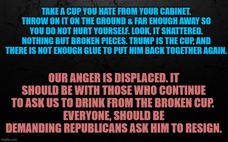 When Will We Stop Drinking from the Broken Cup? | TAKE A CUP YOU HATE FROM YOUR CABINET. THROW ON IT ON THE GROUND & FAR ENOUGH AWAY SO YOU DO NOT HURT YOURSELF. LOOK, IT SHATTERED. NOTHING BUT BROKEN PIECES. TRUMP IS THE CUP, AND THERE IS NOT ENOUGH GLUE TO PUT HIM BACK TOGETHER AGAIN. OUR ANGER IS DISPLACED. IT SHOULD BE WITH THOSE WHO CONTINUE TO ASK US TO DRINK FROM THE BROKEN CUP. 
EVERYONE, SHOULD BE DEMANDING REPUBLICANS ASK HIM TO RESIGN. | image tagged in donald trump | made w/ Imgflip meme maker