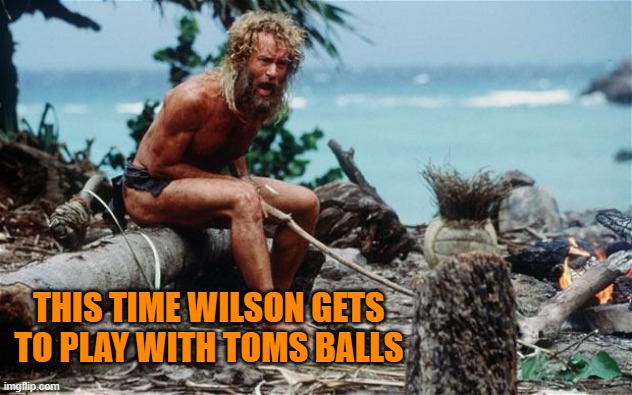 Wilson - Tom Hanks | THIS TIME WILSON GETS TO PLAY WITH TOMS BALLS | image tagged in wilson - tom hanks | made w/ Imgflip meme maker
