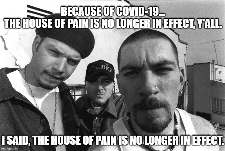 Statement Regarding the House | BECAUSE OF COVID-19...
THE HOUSE OF PAIN IS NO LONGER IN EFFECT, Y'ALL. I SAID, THE HOUSE OF PAIN IS NO LONGER IN EFFECT. | image tagged in st patrick's day | made w/ Imgflip meme maker