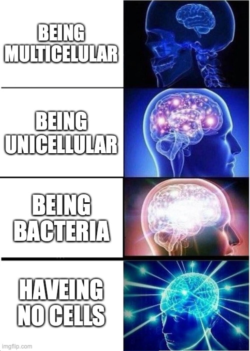 Expanding Brain | BEING MULTICELULAR; BEING UNICELLULAR; BEING BACTERIA; HAVEING NO CELLS | image tagged in memes,expanding brain | made w/ Imgflip meme maker