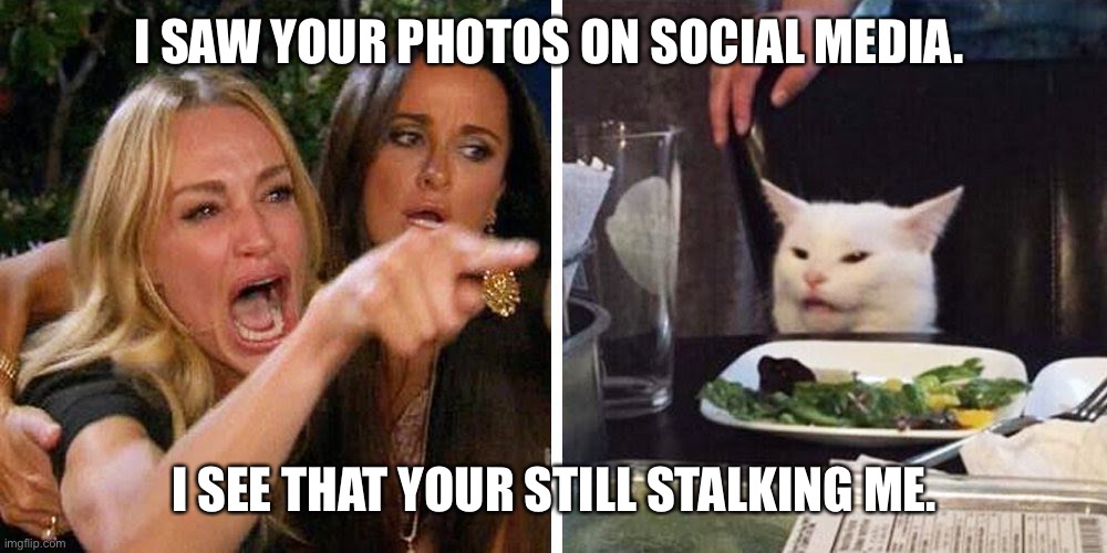 Smudge the cat | I SAW YOUR PHOTOS ON SOCIAL MEDIA. I SEE THAT YOUR STILL STALKING ME. | image tagged in smudge the cat | made w/ Imgflip meme maker