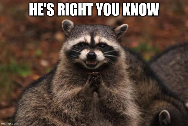 evil genius racoon | HE'S RIGHT YOU KNOW | image tagged in evil genius racoon | made w/ Imgflip meme maker