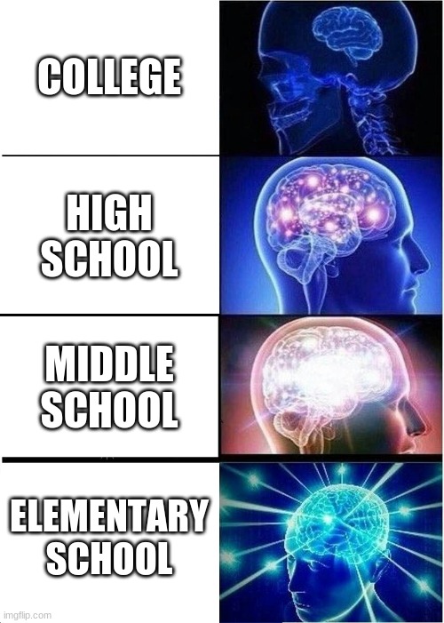 Expanding Brain Meme | COLLEGE; HIGH SCHOOL; MIDDLE SCHOOL; ELEMENTARY SCHOOL | image tagged in memes,expanding brain | made w/ Imgflip meme maker