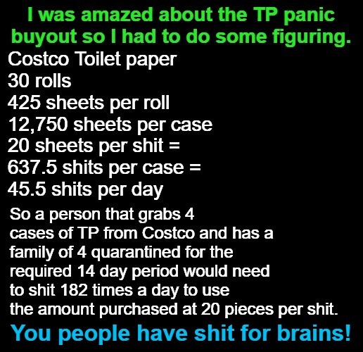 Those of you who bought huge volumes of toilet paper have shit for brains. | image tagged in no more toilet paper,mountain of toilet paper,money down toilet,morons,imbeciles,shit for brains | made w/ Imgflip meme maker