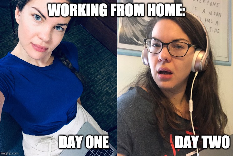 WORKING FROM HOME:; DAY ONE                        DAY TWO | image tagged in working from home,covid-19,covid19,coronavirus,teaching online,social distancing | made w/ Imgflip meme maker