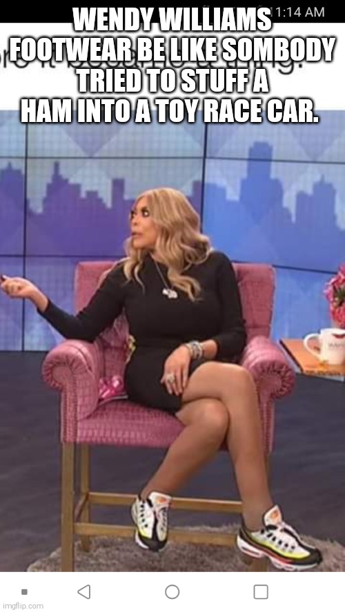 Wendy Williams Ugly Shoes |  WENDY WILLIAMS FOOTWEAR BE LIKE SOMBODY TRIED TO STUFF A HAM INTO A TOY RACE CAR. | image tagged in wendy williams,shoes | made w/ Imgflip meme maker