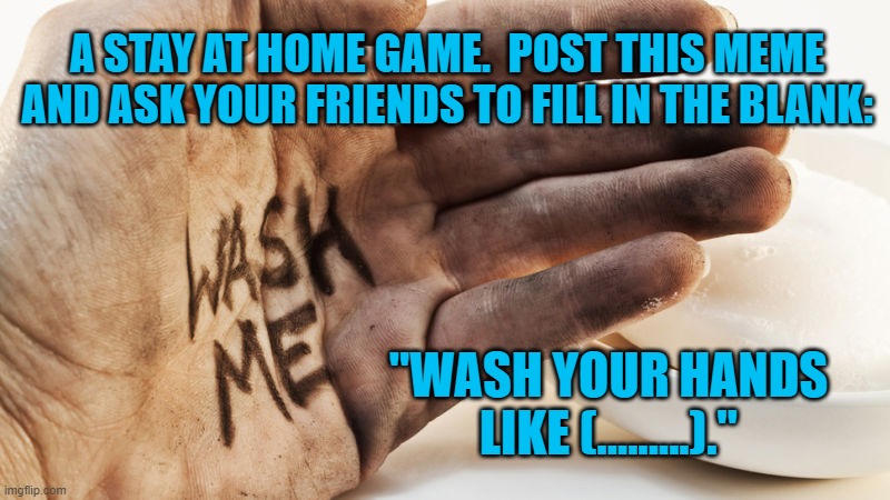 Wash Me | A STAY AT HOME GAME.  POST THIS MEME AND ASK YOUR FRIENDS TO FILL IN THE BLANK:; "WASH YOUR HANDS LIKE (.........)." | image tagged in humor | made w/ Imgflip meme maker