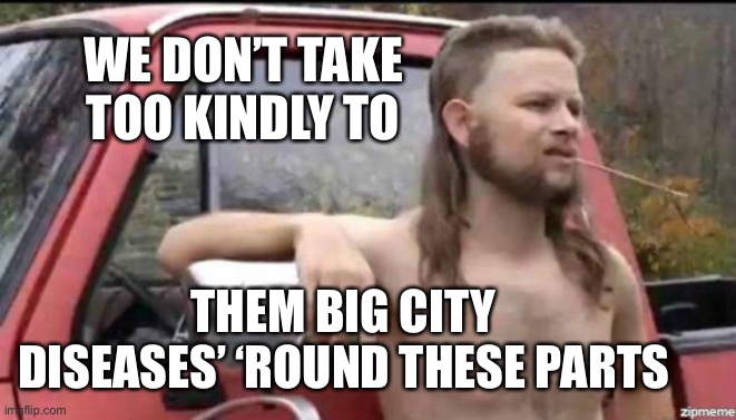 almost politically correct redneck | WE DON’T TAKE TOO KINDLY TO THEM BIG CITY DISEASES’ ‘ROUND THESE PARTS | image tagged in almost politically correct redneck | made w/ Imgflip meme maker