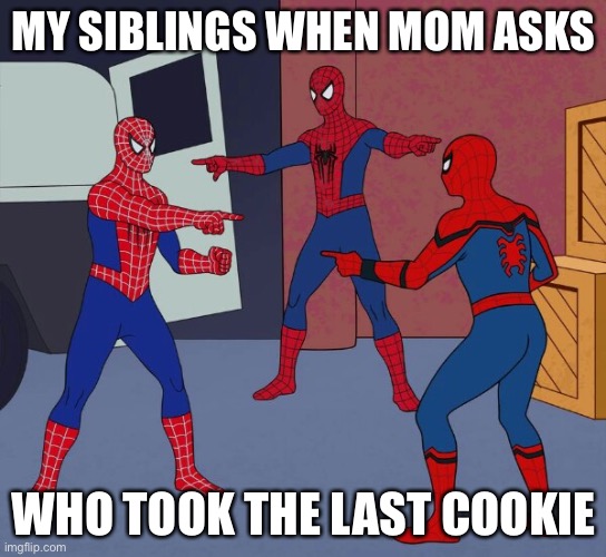 Spider Man Triple | MY SIBLINGS WHEN MOM ASKS; WHO TOOK THE LAST COOKIE | image tagged in spider man triple | made w/ Imgflip meme maker