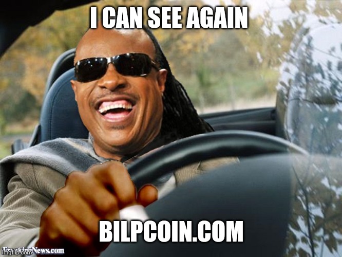 Stevie Wonder Driving | I CAN SEE AGAIN; BILPCOIN.COM | image tagged in stevie wonder driving | made w/ Imgflip meme maker