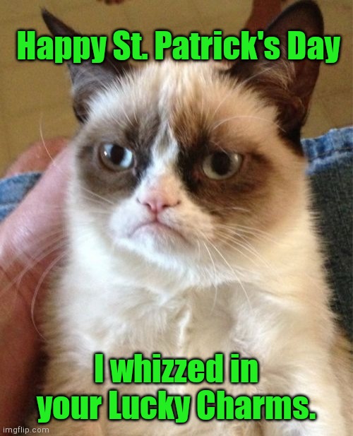 Happy Saint Patrick's Day | Happy St. Patrick's Day; I whizzed in your Lucky Charms. | image tagged in memes,grumpy cat,st patrick's day | made w/ Imgflip meme maker