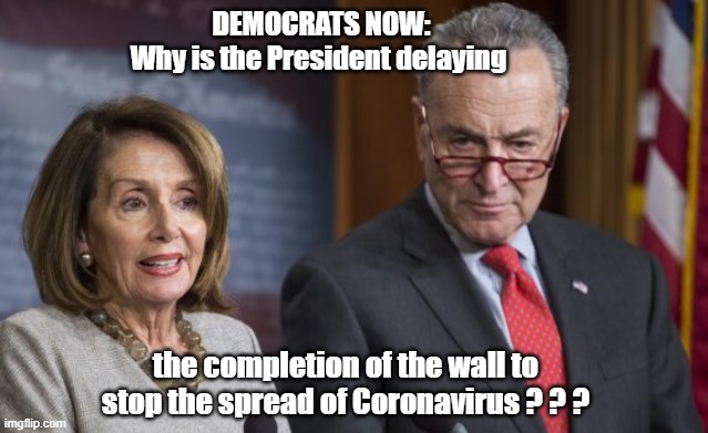 Democrats Now | DEMOCRATS NOW:
Why is the President delaying; the completion of the wall to stop the spread of Coronavirus ? ? ? | image tagged in democrats,nancy pelosi,chuck schumer | made w/ Imgflip meme maker