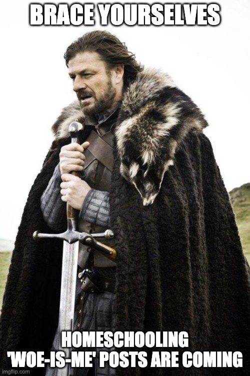 Brace Yourself | BRACE YOURSELVES; HOMESCHOOLING 'WOE-IS-ME' POSTS ARE COMING | image tagged in brace yourself | made w/ Imgflip meme maker