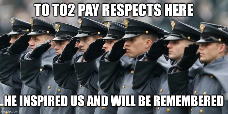 Military Salute | TO TO2 PAY RESPECTS HERE; HE INSPIRED US AND WILL BE REMEMBERED | image tagged in military salute | made w/ Imgflip meme maker