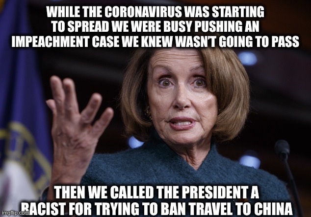 Good old Nancy Pelosi | WHILE THE CORONAVIRUS WAS STARTING TO SPREAD WE WERE BUSY PUSHING AN IMPEACHMENT CASE WE KNEW WASN’T GOING TO PASS THEN WE CALLED THE PRESID | image tagged in good old nancy pelosi | made w/ Imgflip meme maker