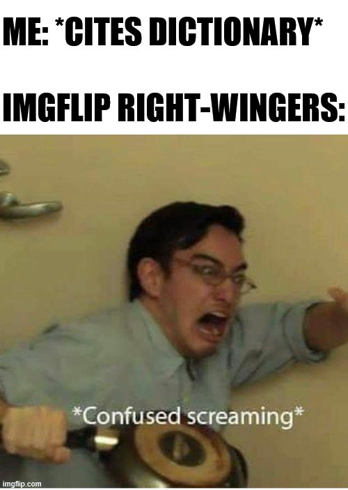 Self-explanatory | ME: *CITES DICTIONARY*; IMGFLIP RIGHT-WINGERS: | image tagged in confused screaming,dictionary,definition,socialism,right wing,communism | made w/ Imgflip meme maker