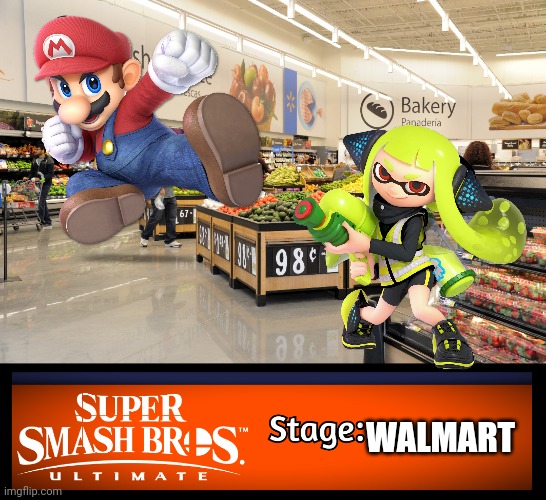 Mario, stop. Agent 3 is just trying to buy pop tarts. Do you want her to start a switch wars? | WALMART | image tagged in smash bros ultimate stage,agent 3,mario,memes | made w/ Imgflip meme maker