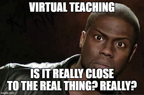 Kevin Hart Meme | VIRTUAL TEACHING; IS IT REALLY CLOSE TO THE REAL THING? REALLY? | image tagged in memes,kevin hart | made w/ Imgflip meme maker