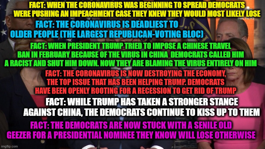 Connect the dots and it all makes sense | FACT: WHEN THE CORONAVIRUS WAS BEGINNING TO SPREAD DEMOCRATS WERE PUSHING AN IMPEACHMENT CASE THEY KNEW THEY WOULD MOST LIKELY LOSE; FACT: THE CORONAVIRUS IS DEADLIEST TO OLDER PEOPLE (THE LARGEST REPUBLICAN-VOTING BLOC); FACT: WHEN PRESIDENT TRUMP TRIED TO IMPOSE A CHINESE TRAVEL BAN IN FEBRUARY BECAUSE OF THE VIRUS IN CHINA  DEMOCRATS CALLED HIM A RACIST AND SHUT HIM DOWN. NOW THEY ARE BLAMING THE VIRUS ENTIRELY ON HIM; FACT: THE CORONAVIRUS IS NOW DESTROYING THE ECONOMY, THE TOP ISSUE THAT HAS BEEN HELPING TRUMP. DEMOCRATS HAVE BEEN OPENLY ROOTING FOR A RECESSION TO GET RID OF TRUMP; FACT: WHILE TRUMP HAS TAKEN A STRONGER STANCE AGAINST CHINA, THE DEMOCRATS CONTINUE TO KISS UP TO THEM; FACT: THE DEMOCRATS ARE NOW STUCK WITH A SENILE OLD GEEZER FOR A PRESIDENTIAL NOMINEE THEY KNOW WILL LOSE OTHERWISE | image tagged in democrat congressmen,democratic party,democrats,coronavirus,election 2020 | made w/ Imgflip meme maker