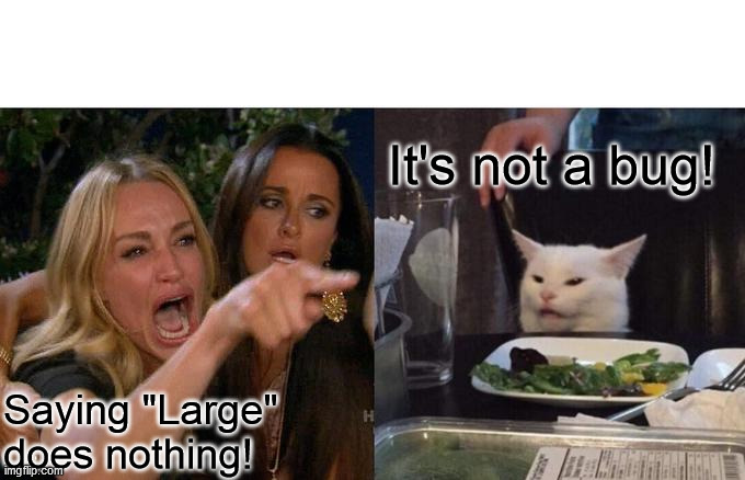 Torment of Velious T3 | It's not a bug! Saying "Large" does nothing! | image tagged in memes,woman yelling at cat | made w/ Imgflip meme maker