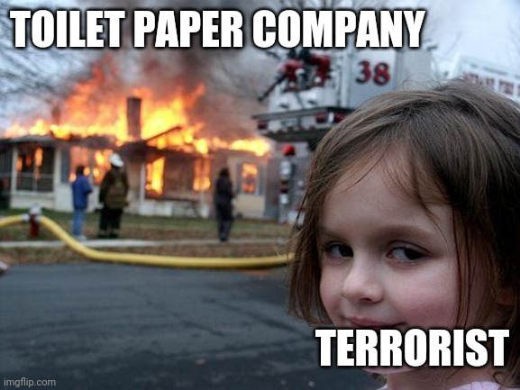 Disaster Girl | TOILET PAPER COMPANY; TERRORIST | image tagged in memes,disaster girl | made w/ Imgflip meme maker