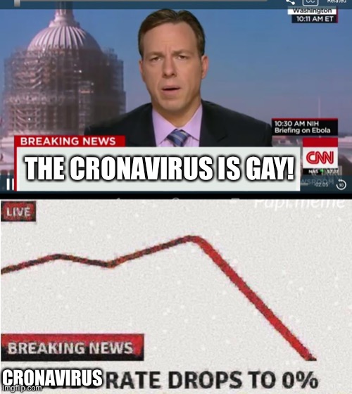 This will solve the cronavirus issue! | THE CRONAVIRUS IS GAY! CRONAVIRUS | image tagged in cnn breaking news template,funny memes,fallout hold up,breaking news,cronavirus memes | made w/ Imgflip meme maker