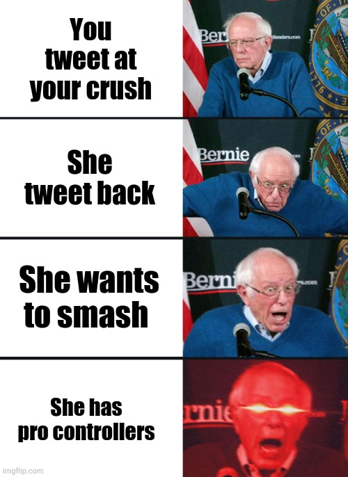 Bernie Sanders reaction (nuked) | You tweet at your crush; She tweet back; She wants to smash; She has pro controllers | image tagged in bernie sanders reaction nuked | made w/ Imgflip meme maker