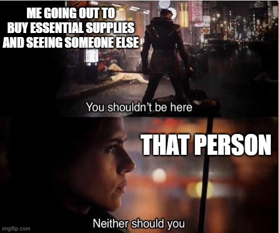 You shouldn't be here, Neither should you | ME GOING OUT TO BUY ESSENTIAL SUPPLIES AND SEEING SOMEONE ELSE; THAT PERSON | image tagged in you shouldn't be here neither should you | made w/ Imgflip meme maker