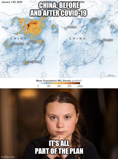 COVID-19 Maker | CHINA: BEFORE AND AFTER COVID-19; IT'S ALL PART OF THE PLAN | image tagged in covid-19,china,greta thunberg,greta,coronavirus,pollution | made w/ Imgflip meme maker
