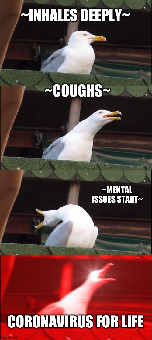 Inhaling Seagull | ~INHALES DEEPLY~; ~COUGHS~; ~MENTAL ISSUES START~; CORONAVIRUS FOR LIFE | image tagged in memes,inhaling seagull | made w/ Imgflip meme maker