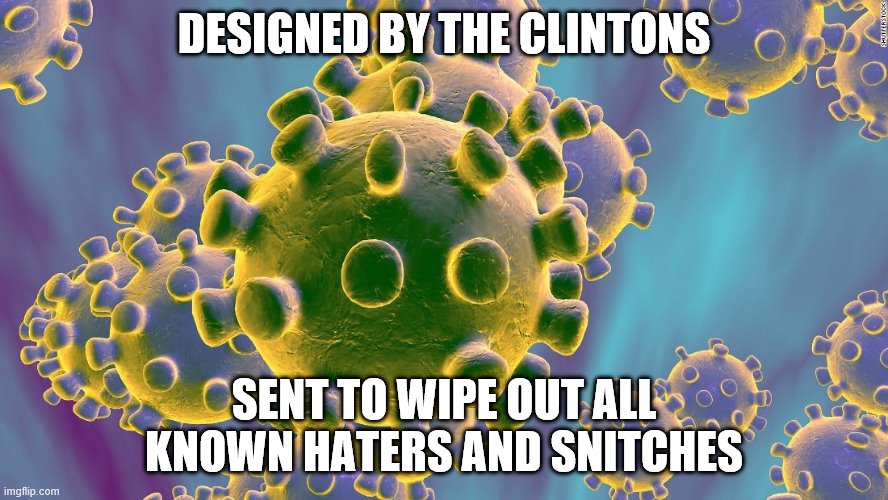 Coronavirus | DESIGNED BY THE CLINTONS; SENT TO WIPE OUT ALL KNOWN HATERS AND SNITCHES | image tagged in coronavirus | made w/ Imgflip meme maker