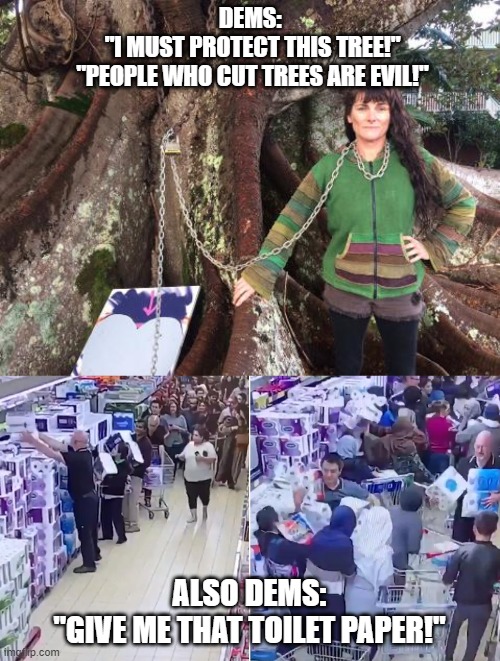 DEMS: 
"I MUST PROTECT THIS TREE!"
"PEOPLE WHO CUT TREES ARE EVIL!"; ALSO DEMS:
"GIVE ME THAT TOILET PAPER!" | image tagged in toilet paper,coronavirus,democrats,republicans,politics | made w/ Imgflip meme maker