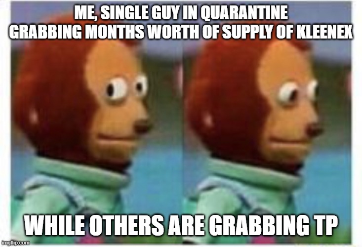 side eye teddy | ME, SINGLE GUY IN QUARANTINE GRABBING MONTHS WORTH OF SUPPLY OF KLEENEX; WHILE OTHERS ARE GRABBING TP | image tagged in side eye teddy | made w/ Imgflip meme maker