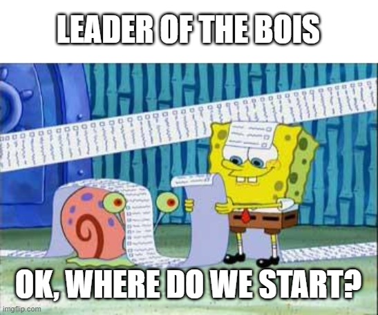 Spongebob's List | LEADER OF THE BOIS OK, WHERE DO WE START? | image tagged in spongebob's list | made w/ Imgflip meme maker