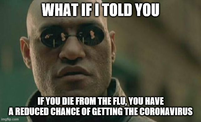 Matrix Morpheus Meme | WHAT IF I TOLD YOU; IF YOU DIE FROM THE FLU, YOU HAVE A REDUCED CHANCE OF GETTING THE CORONAVIRUS | image tagged in memes,matrix morpheus | made w/ Imgflip meme maker