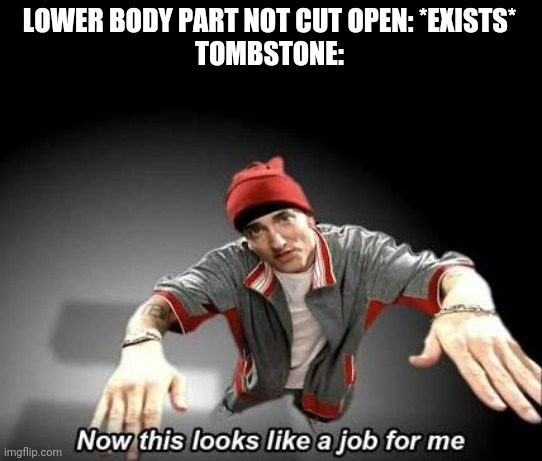 Now this looks like a job for me | LOWER BODY PART NOT CUT OPEN: *EXISTS*
TOMBSTONE: | image tagged in now this looks like a job for me | made w/ Imgflip meme maker