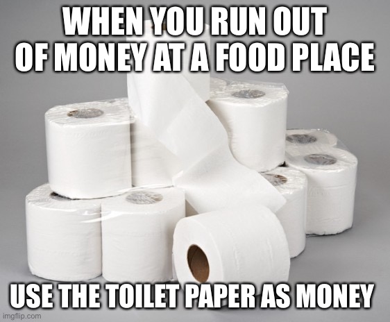 toilet paper | WHEN YOU RUN OUT OF MONEY AT A FOOD PLACE; USE THE TOILET PAPER AS MONEY | image tagged in toilet paper | made w/ Imgflip meme maker