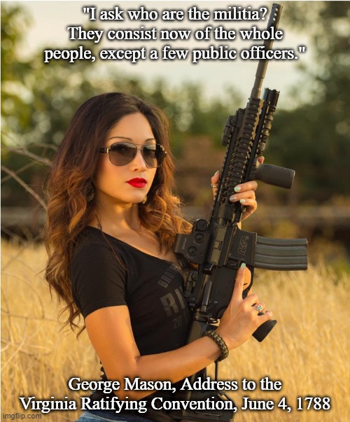 Militia? | "I ask who are the militia? They consist now of the whole people, except a few public officers."; George Mason, Address to the Virginia Ratifying Convention, June 4, 1788 | image tagged in girl gun,constitution,gun loving conservative,conservatives,2nd amendment | made w/ Imgflip meme maker