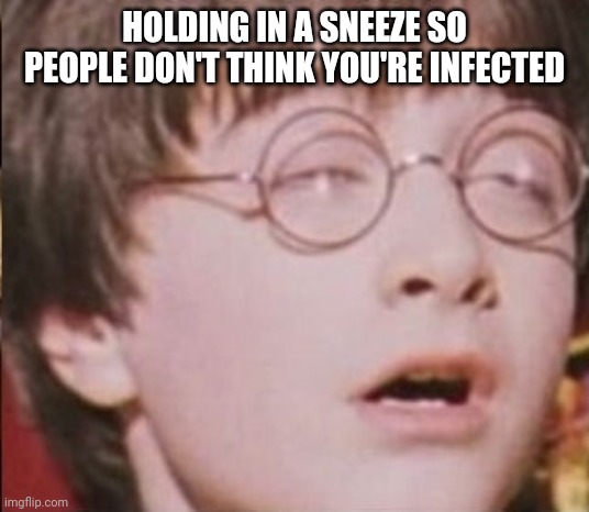 Harry Potter Feels It | HOLDING IN A SNEEZE SO PEOPLE DON'T THINK YOU'RE INFECTED | image tagged in sneeze,covid-19,coronavirus | made w/ Imgflip meme maker