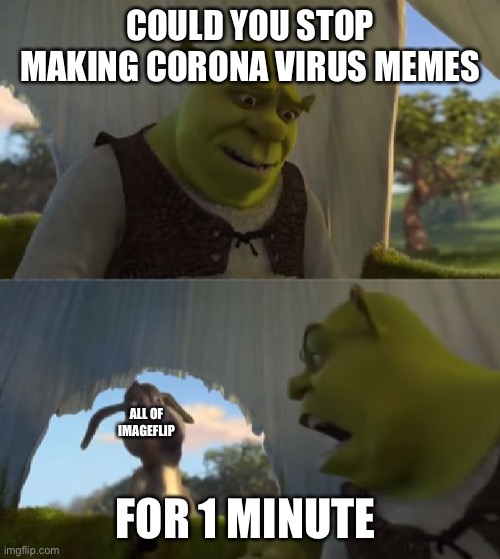 Bro like every page I see a Coronavirus meme | COULD YOU STOP MAKING CORONA VIRUS MEMES; ALL OF IMAGEFLIP; FOR 1 MINUTE | image tagged in could you not ___ for 5 minutes,coronavirus,memes,imgflip,fun,everyone | made w/ Imgflip meme maker